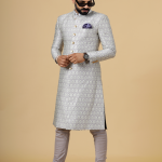 Stunning Beige Banarasi Brocade Achkan with Lilac Churidar for Men | Father-Son Combo | Grooms & Weddings | Jaipurio